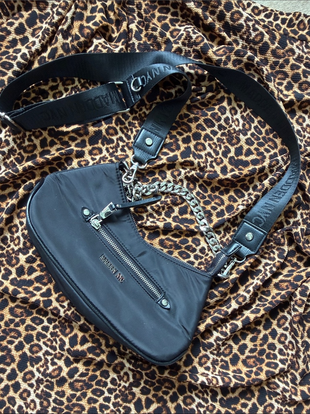 Madden Girl Black Nylon Crossbody Bag with Chain Accent